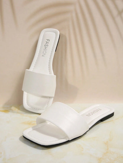 Women's Leather Flat Slide Sandals, Black Lightweight Soft Bottom Low Heel Slip-On Mule Sandals For Summer Casual Wear