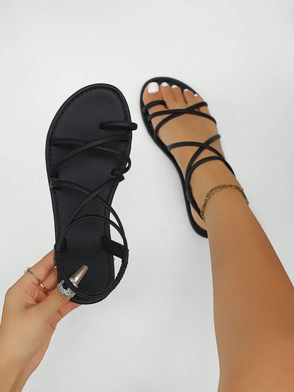 2025 Spring/Summer New Fashion Sandals, Flat Soft Bottom Flexible Material, Versatile To Pair With Dresses, Woven Elastic Band, Open Toe, Casual Beach Wear, Flat Fashionable Criss-Cross Retro Roman Sandals, Available In Black, Green, Brown, White