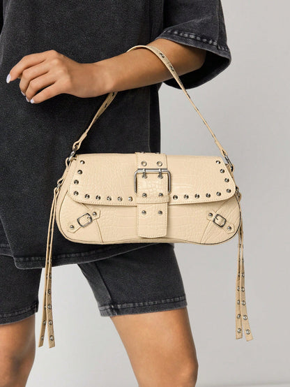 SHEIN X Lucía Bellido SHEIN SXY Fashionable Black Stud Shoulder Bag For Women, Versatile, Shopping Bag, Cool, Street Bag, Teenagers