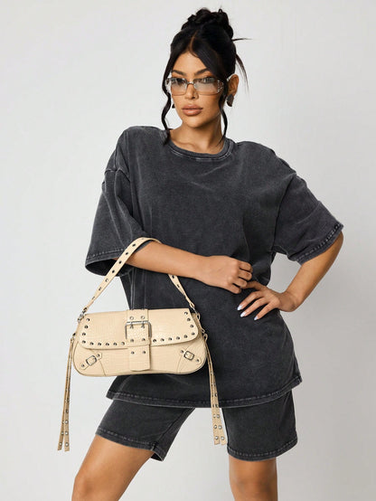 SHEIN X Lucía Bellido SHEIN SXY Fashionable Black Stud Shoulder Bag For Women, Versatile, Shopping Bag, Cool, Street Bag, Teenagers