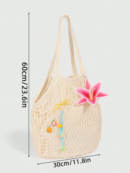 ROMWE Fairycore 1pc Tropical Ocean Beach Resort Style Woven Hollow Khaki Women Shoulder Tote Bag, Large Capacity