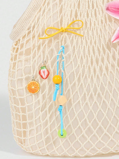 ROMWE Fairycore 1pc Tropical Ocean Beach Resort Style Woven Hollow Khaki Women Shoulder Tote Bag, Large Capacity