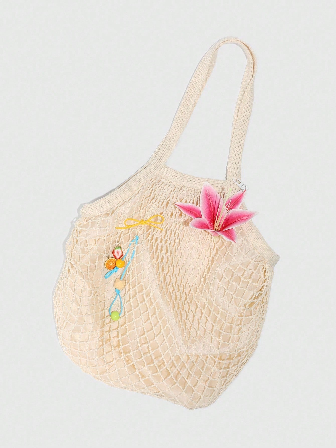 ROMWE Fairycore 1pc Tropical Ocean Beach Resort Style Woven Hollow Khaki Women Shoulder Tote Bag, Large Capacity