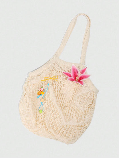 ROMWE Fairycore 1pc Tropical Ocean Beach Resort Style Woven Hollow Khaki Women Shoulder Tote Bag, Large Capacity