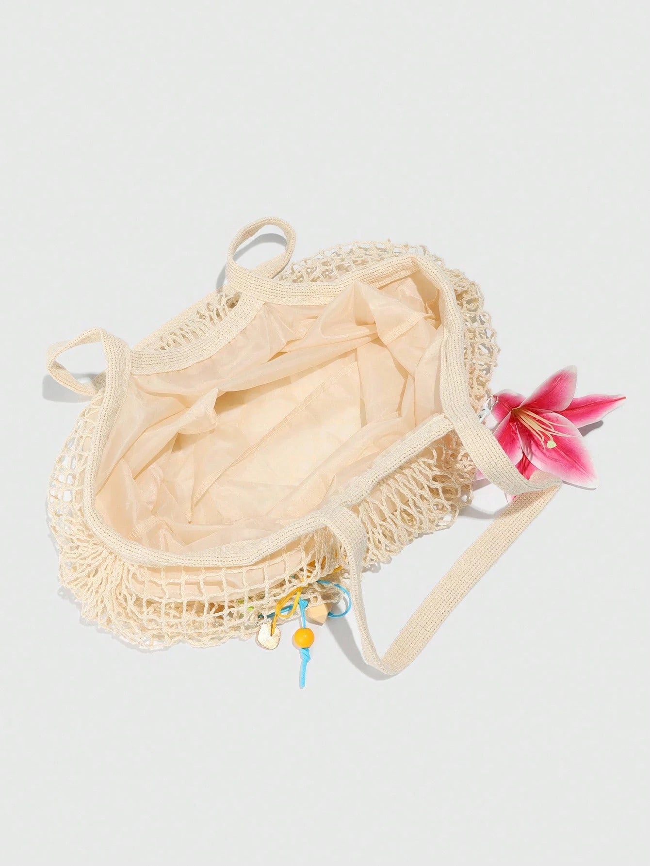 ROMWE Fairycore 1pc Tropical Ocean Beach Resort Style Woven Hollow Khaki Women Shoulder Tote Bag, Large Capacity