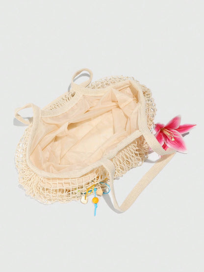 ROMWE Fairycore 1pc Tropical Ocean Beach Resort Style Woven Hollow Khaki Women Shoulder Tote Bag, Large Capacity