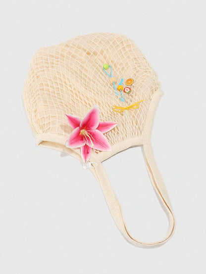 ROMWE Fairycore 1pc Tropical Ocean Beach Resort Style Woven Hollow Khaki Women Shoulder Tote Bag, Large Capacity