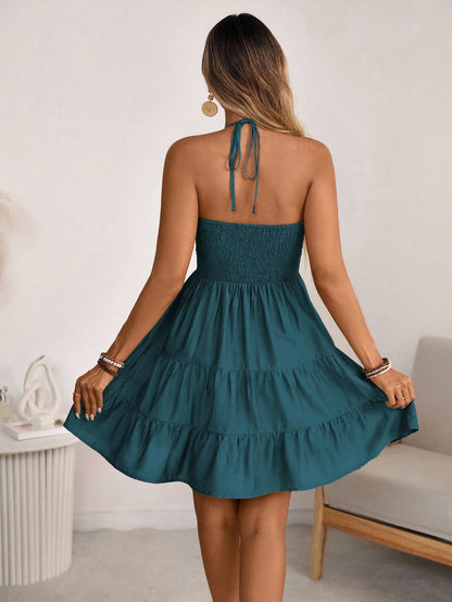 Breezaya Women's Spring/Summer Single Bamboo Knot Linen Vacation Beach Dress, Bohemian Western Shirred Shirred Bust Tiered Skirt A-Line Backless Adjustable Halter Bow Dress