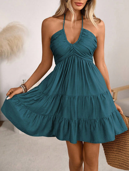 Breezaya Women's Spring/Summer Single Bamboo Knot Linen Vacation Beach Dress, Bohemian Western Shirred Shirred Bust Tiered Skirt A-Line Backless Adjustable Halter Bow Dress