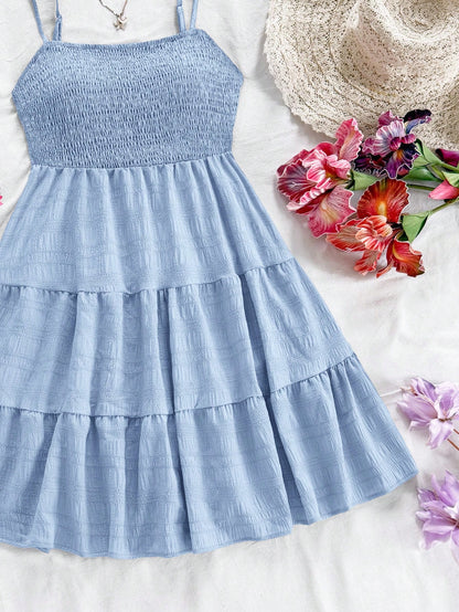 Soleia WYWH Women Spring Break Solid Ruffle Hem Cami Blue Dress,Summer Dresses For Women