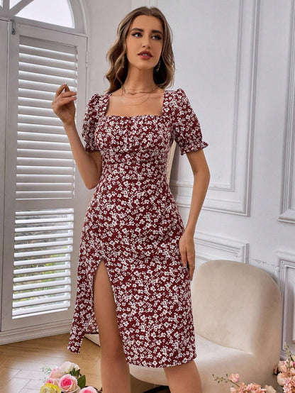 Breezaya Women's Random Printed Simple Daily Short-Sleeved Square Neck Dress Vacation Beach Outfit