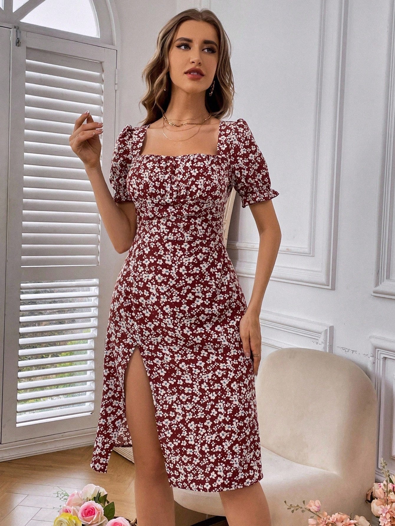 Women's Random Printed Simple Daily Short-Sleeved Square Neck Dress Vacation Beach Outfit