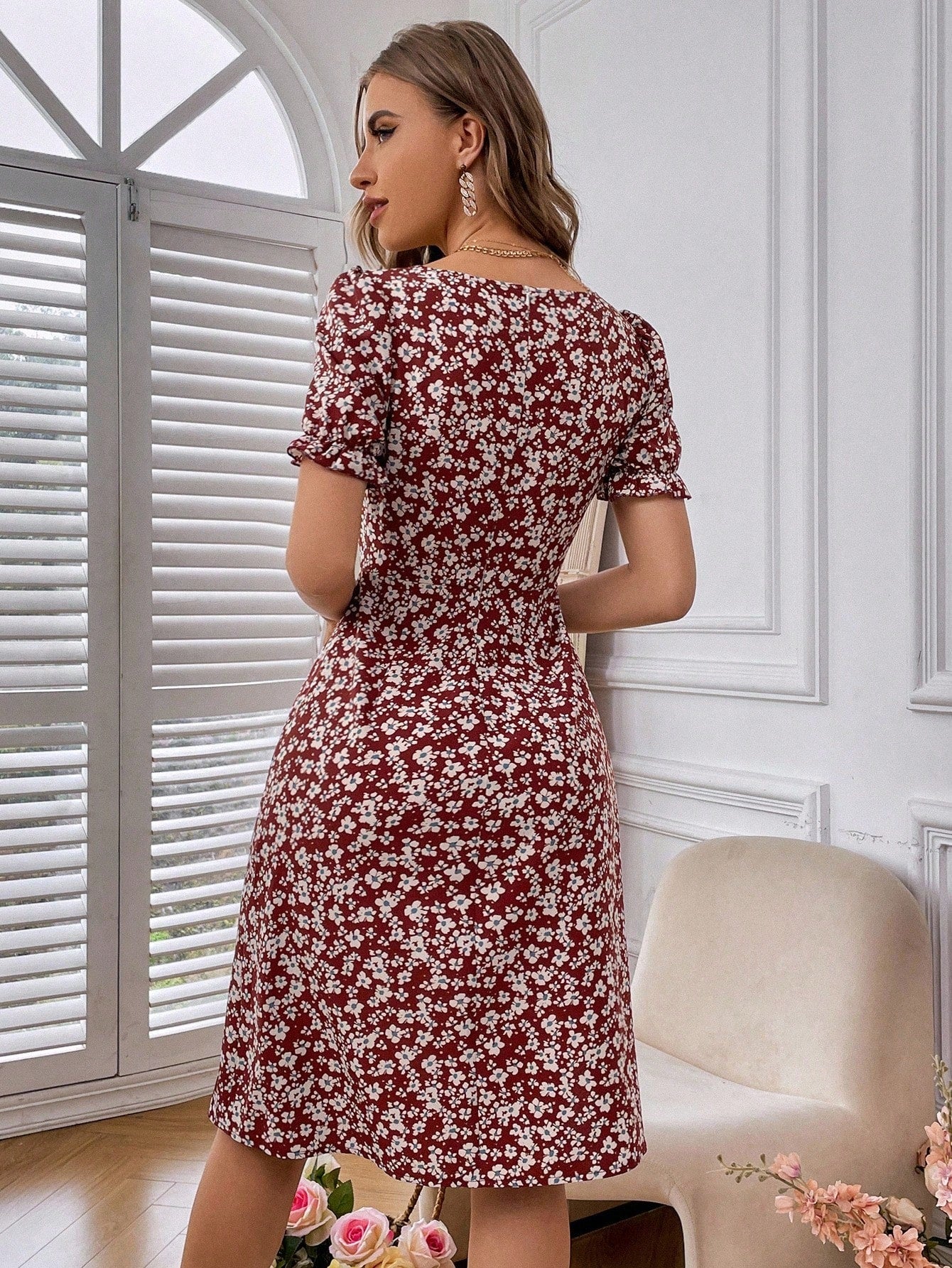 Breezaya Women's Random Printed Simple Daily Short-Sleeved Square Neck Dress Vacation Beach Outfit