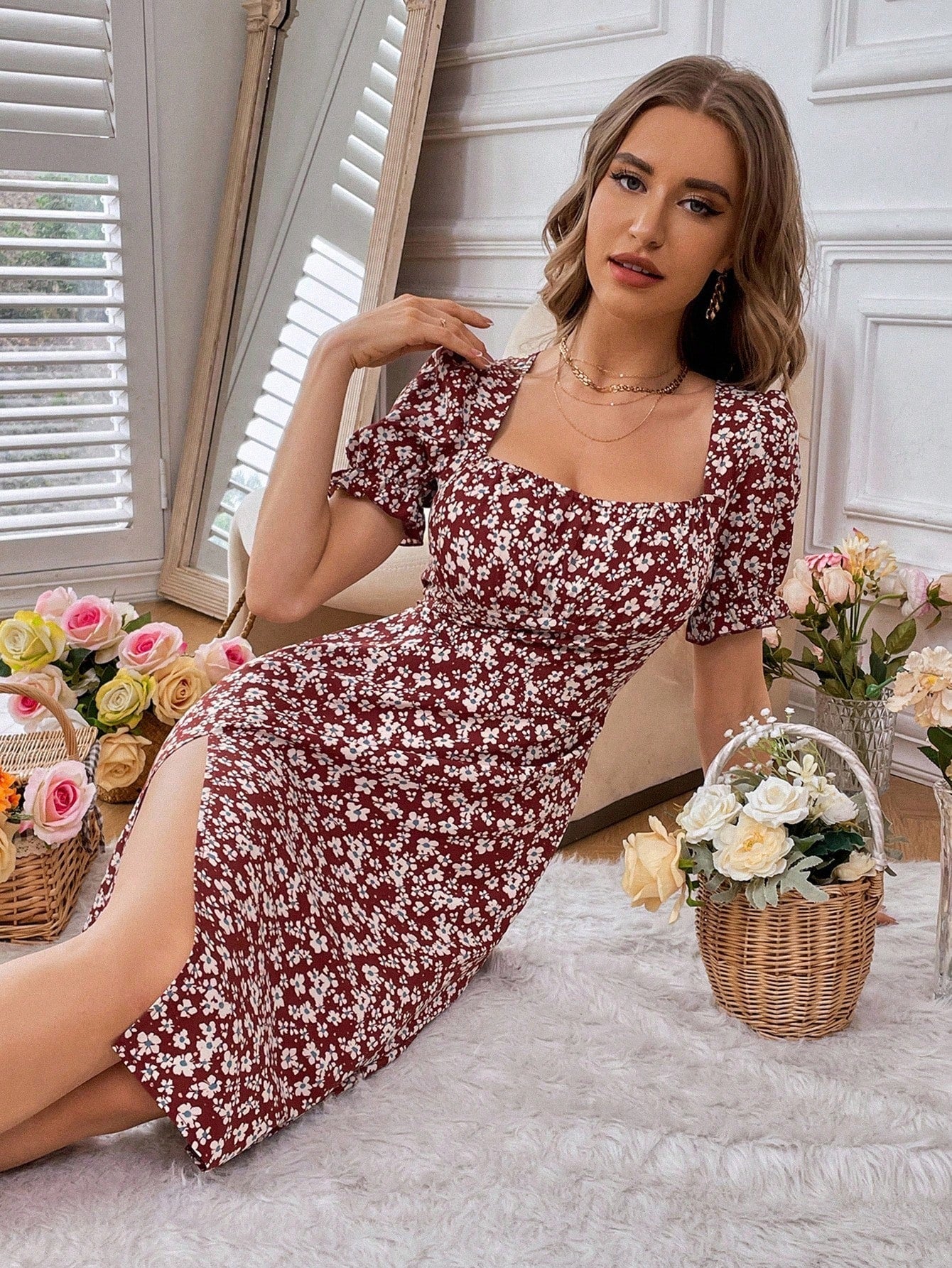 Breezaya Women's Random Printed Simple Daily Short-Sleeved Square Neck Dress Vacation Beach Outfit