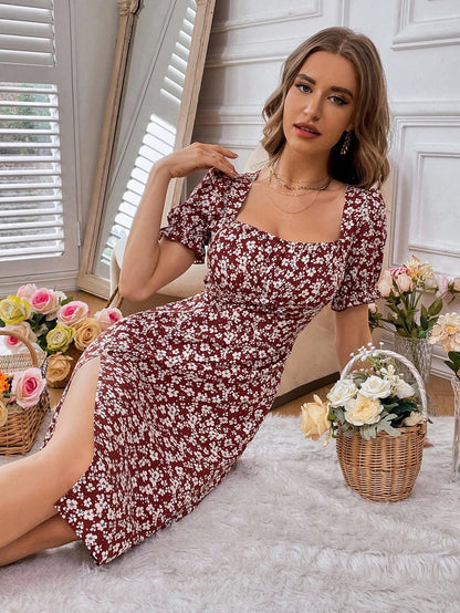 Breezaya Women's Random Printed Simple Daily Short-Sleeved Square Neck Dress Vacation Beach Outfit