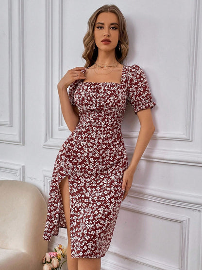 Breezaya Women's Random Printed Simple Daily Short-Sleeved Square Neck Dress Vacation Beach Outfit