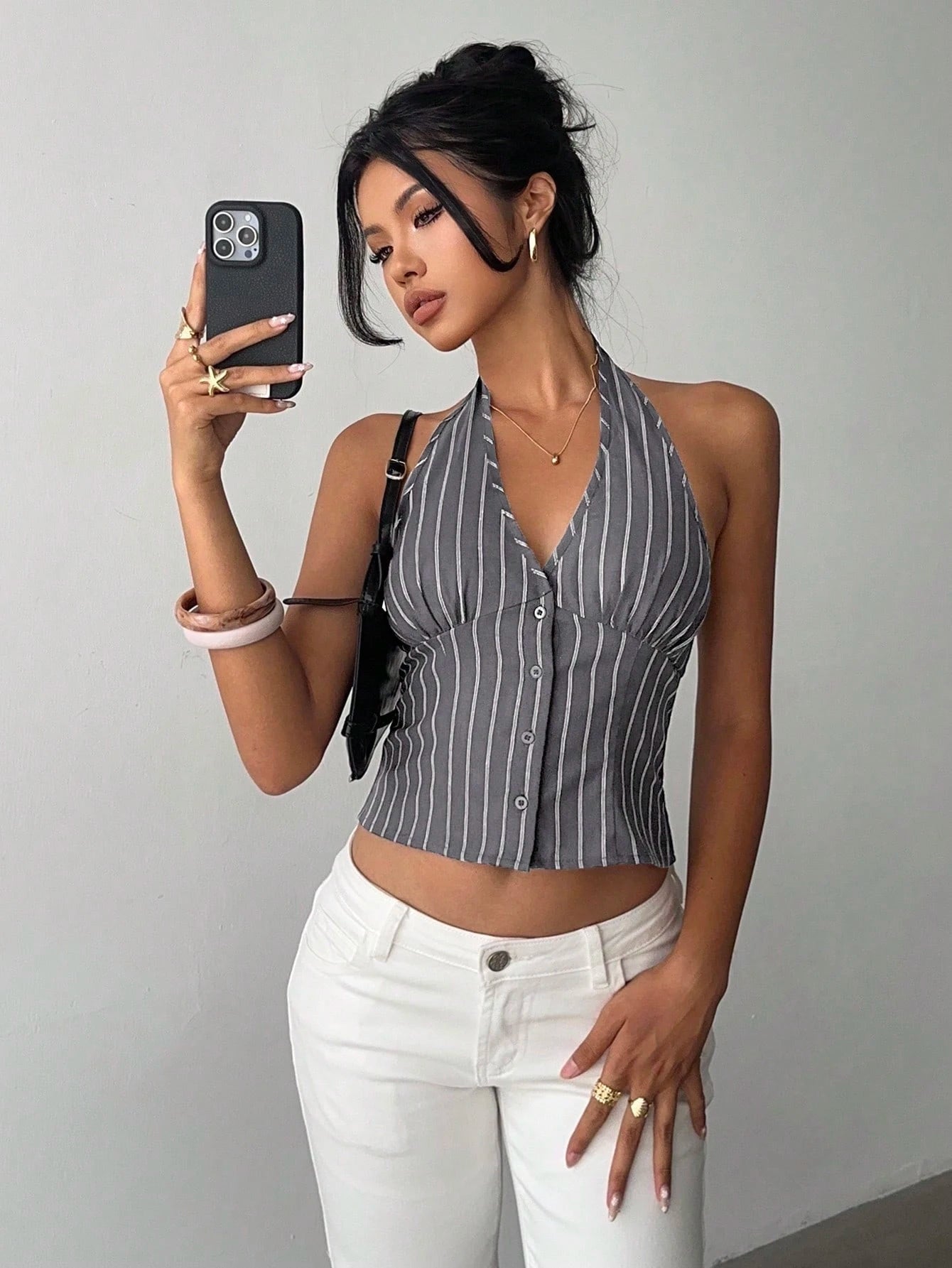 Aloruh Women Cotton Striped Stand Collar Single-Breasted Vest Thin Blazer