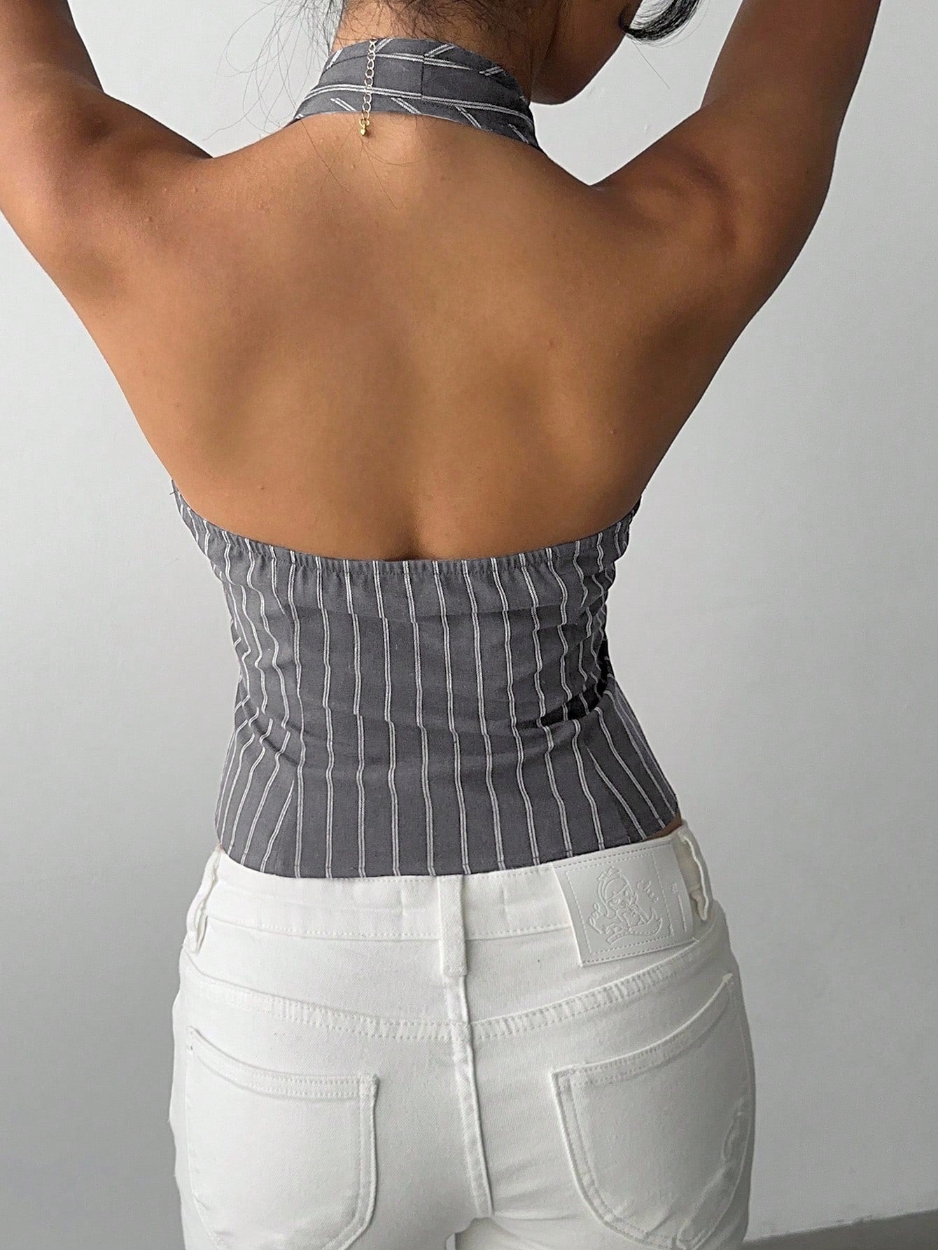 Aloruh Women Cotton Striped Stand Collar Single-Breasted Vest Thin Blazer