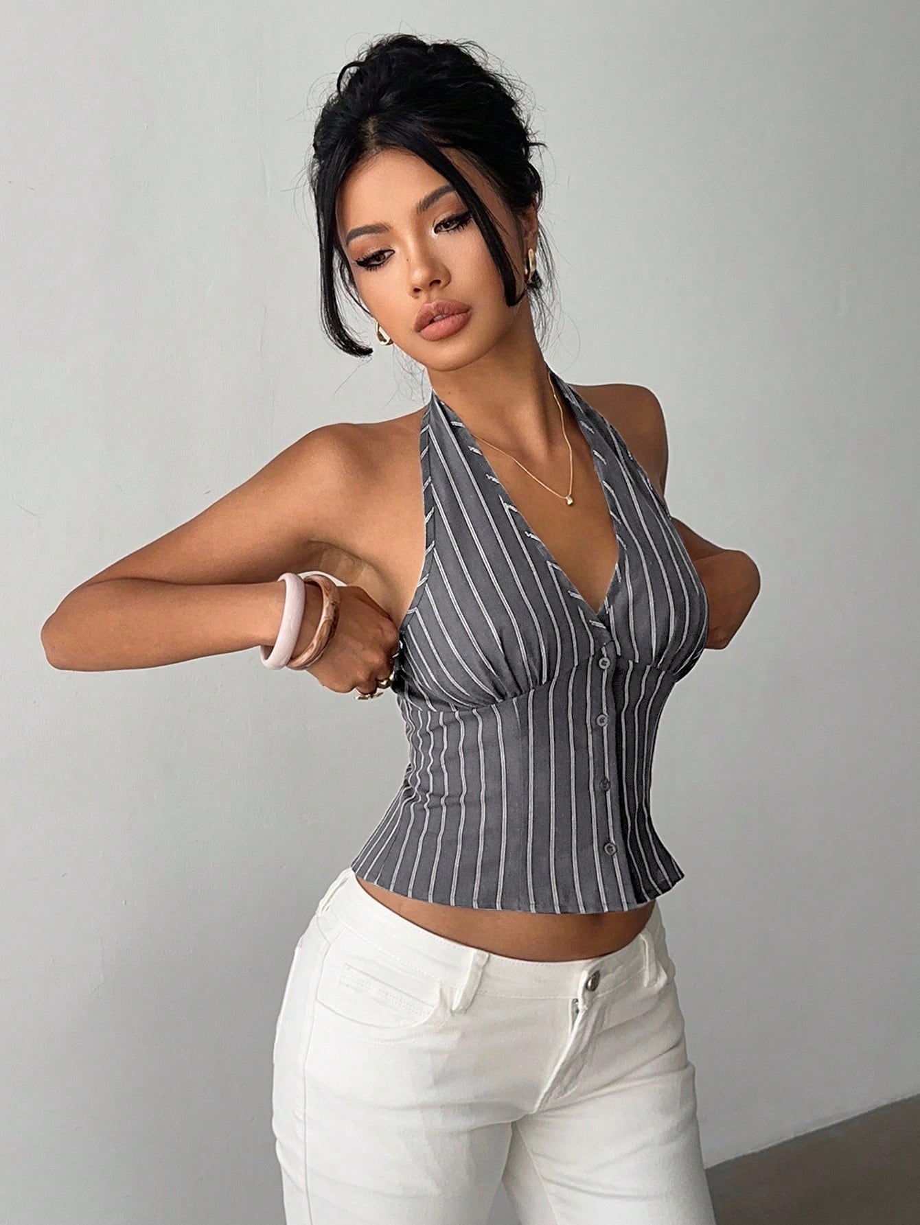 Aloruh Women Cotton Striped Stand Collar Single-Breasted Vest Thin Blazer