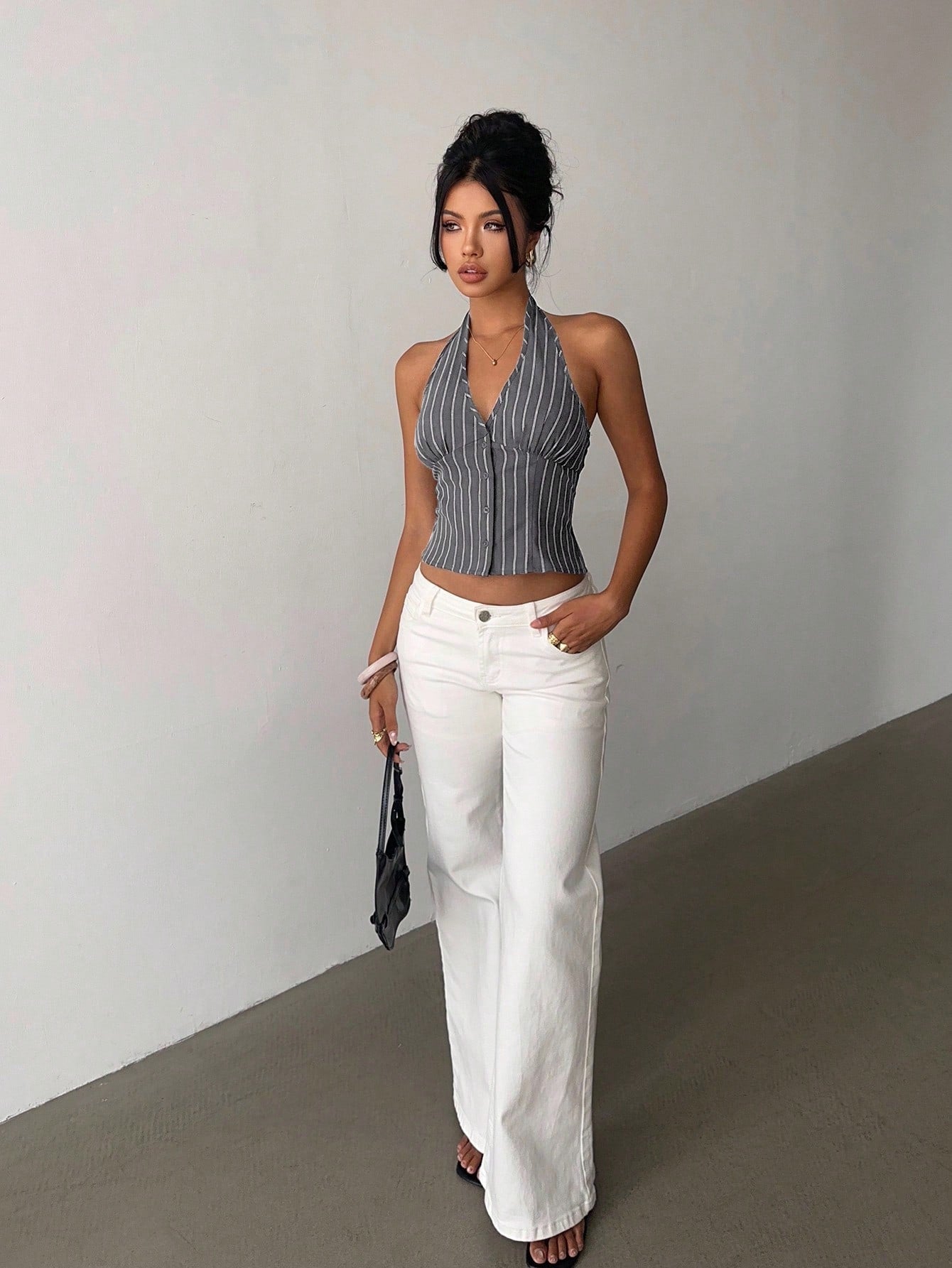 Aloruh Women Cotton Striped Stand Collar Single-Breasted Vest Thin Blazer