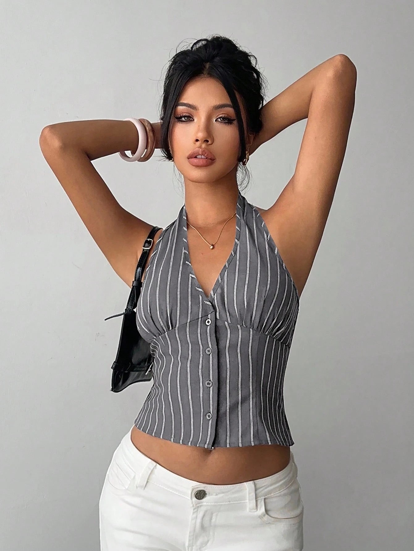 Aloruh Women Cotton Striped Stand Collar Single-Breasted Vest Thin Blazer