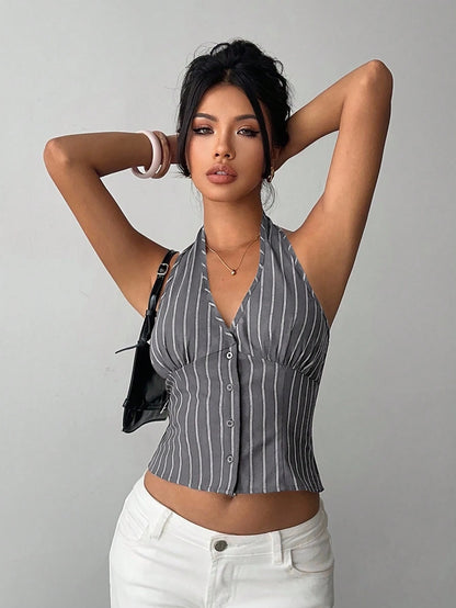 Aloruh Women Cotton Striped Stand Collar Single-Breasted Vest Thin Blazer