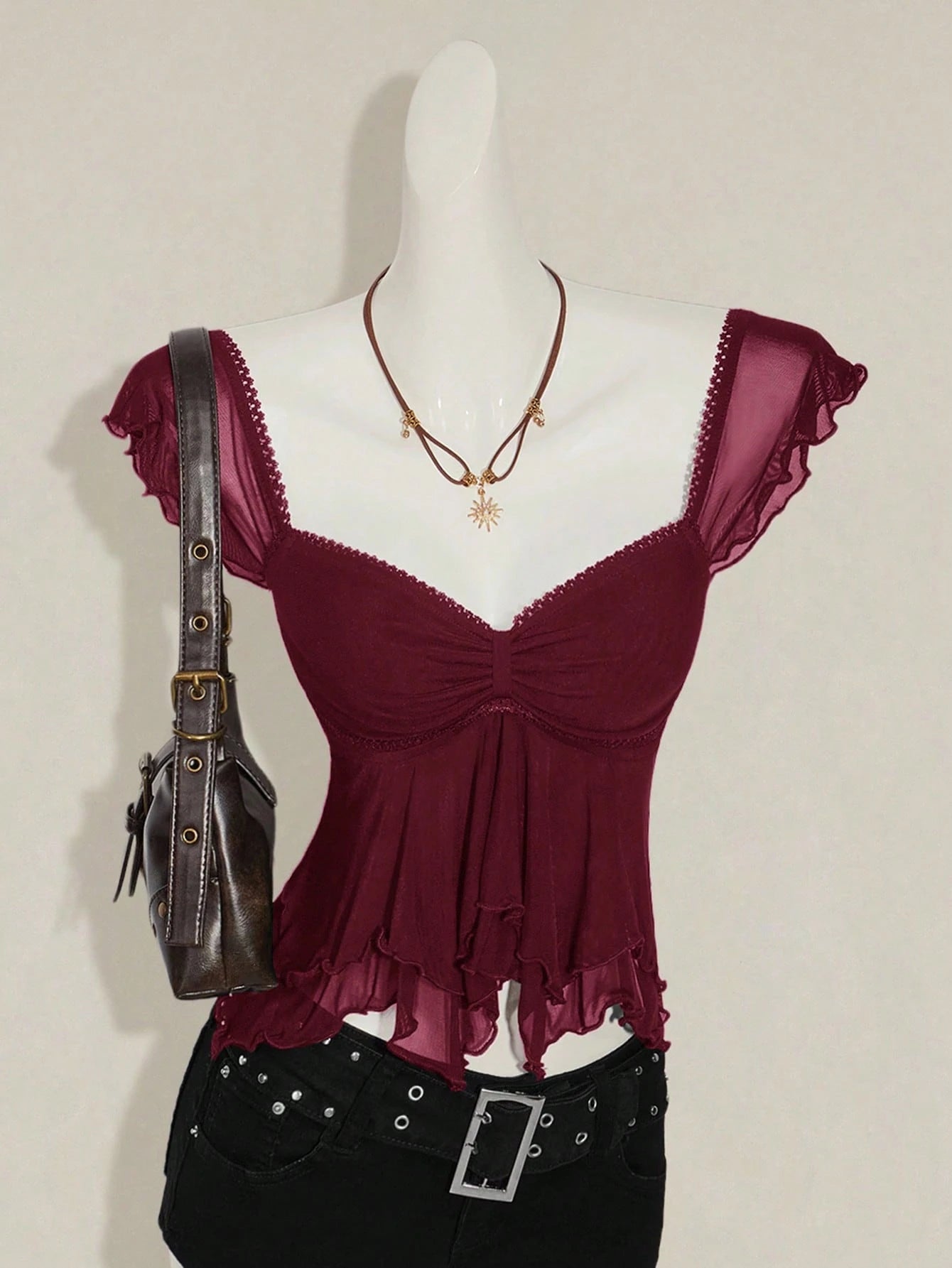 SHEIN ICON Women's Ruched Front Fitted Sexy Cutout Jacquard Romantic French Style Flare Sleeve Backless Casual Vacation Cropped Camisole