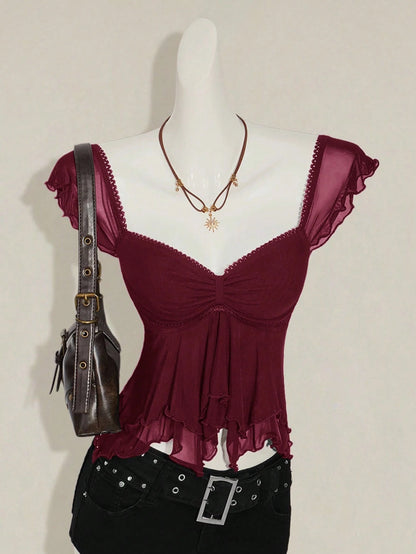 SHEIN ICON Women's Ruched Front Fitted Sexy Cutout Jacquard Romantic French Style Flare Sleeve Backless Casual Vacation Cropped Camisole