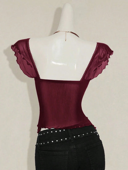 SHEIN ICON Women's Ruched Front Fitted Sexy Cutout Jacquard Romantic French Style Flare Sleeve Backless Casual Vacation Cropped Camisole