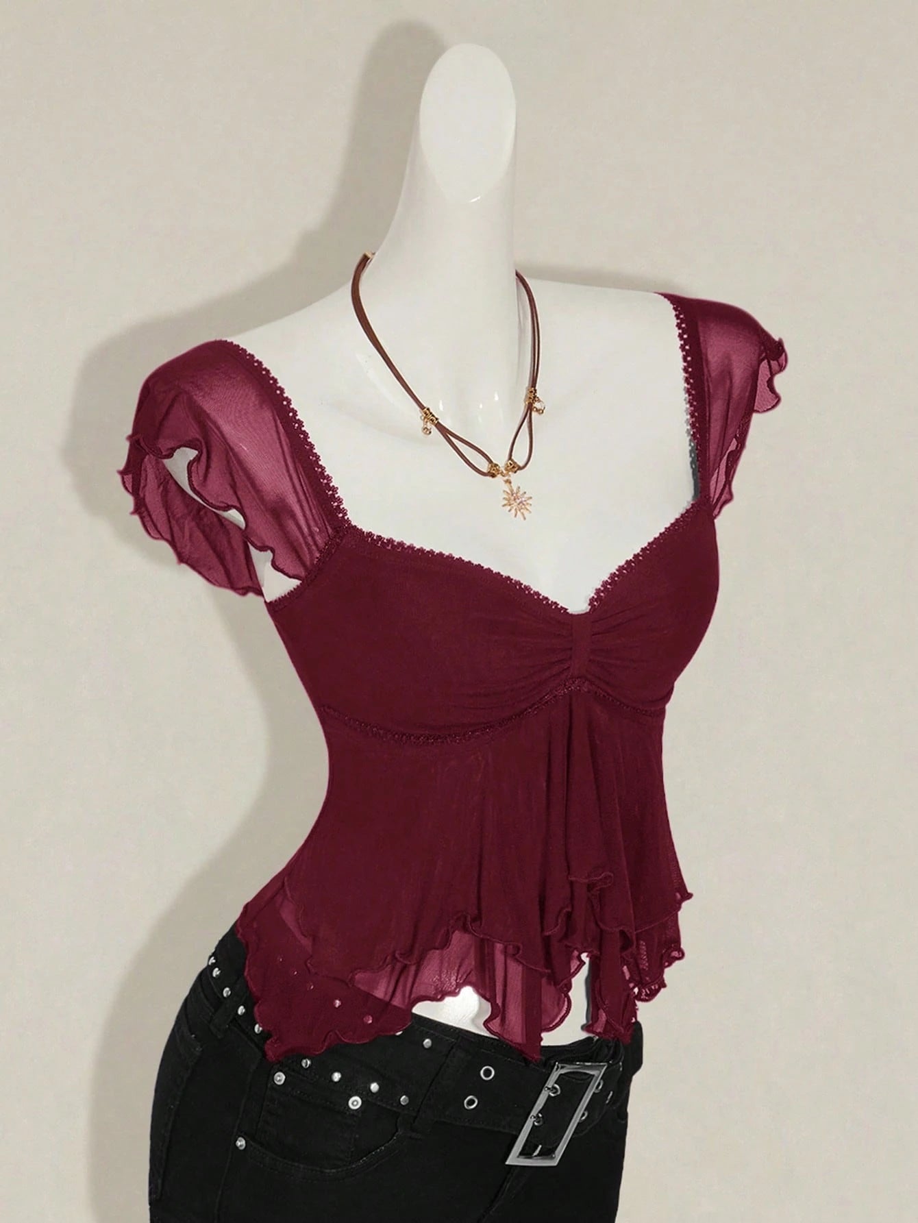 SHEIN ICON Women's Ruched Front Fitted Sexy Cutout Jacquard Romantic French Style Flare Sleeve Backless Casual Vacation Cropped Camisole