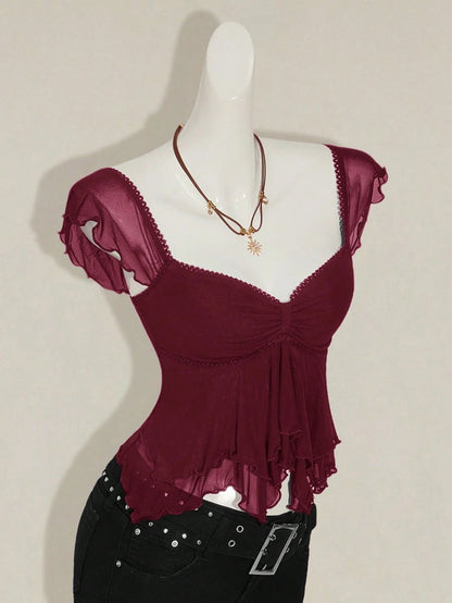 SHEIN ICON Women's Ruched Front Fitted Sexy Cutout Jacquard Romantic French Style Flare Sleeve Backless Casual Vacation Cropped Camisole