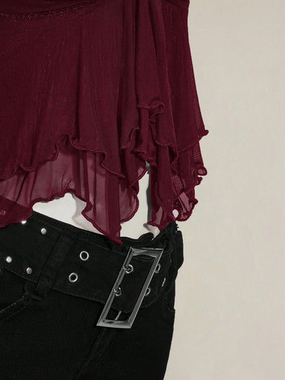 SHEIN ICON Women's Ruched Front Fitted Sexy Cutout Jacquard Romantic French Style Flare Sleeve Backless Casual Vacation Cropped Camisole