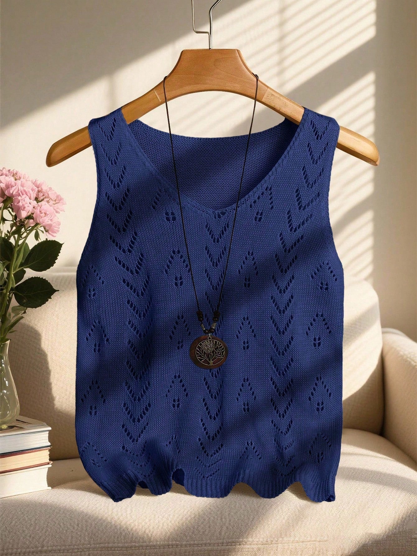 EMERY ROSE Women's Vacation Casual Solid Color Hollow Out Knit Top