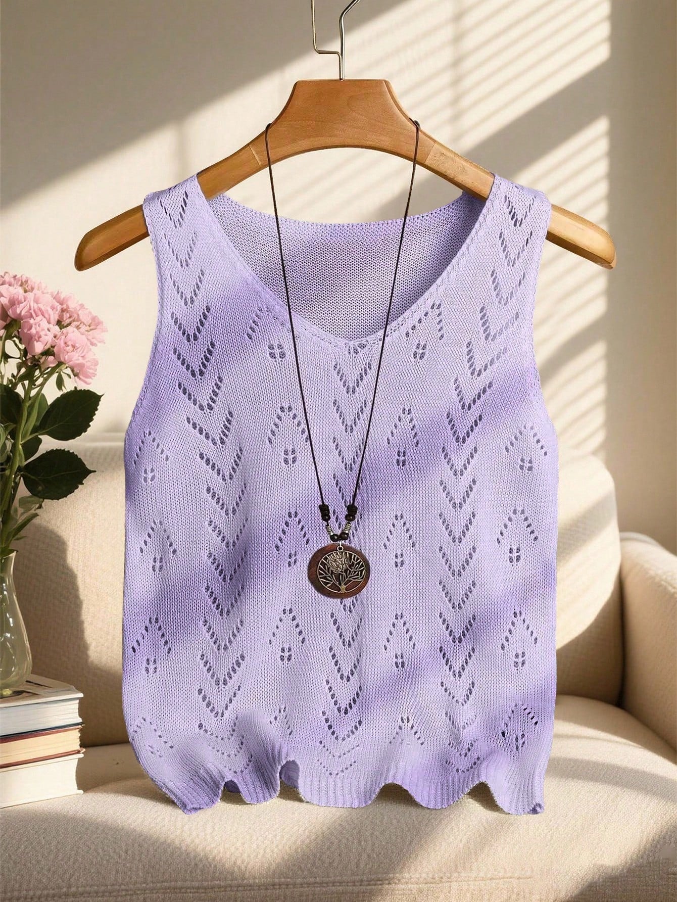 EMERY ROSE Women's Vacation Casual Solid Color Hollow Out Knit Top