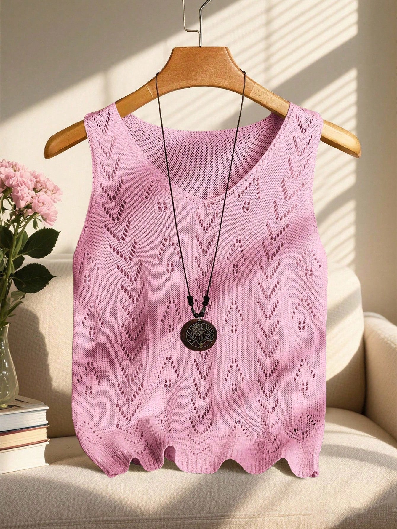 EMERY ROSE Women's Vacation Casual Solid Color Hollow Out Knit Top