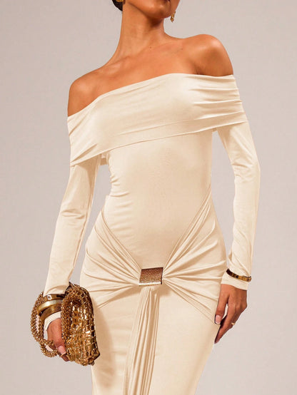 SHEIN X Scheana MUSERA Off Shoulder Long Sleeve Maxi Dress Vacation Summer Spring Romantic Wedding Guest Graduation, Prom Holiday Wedding Guest, Elegant, Birthday, Church, Night Out