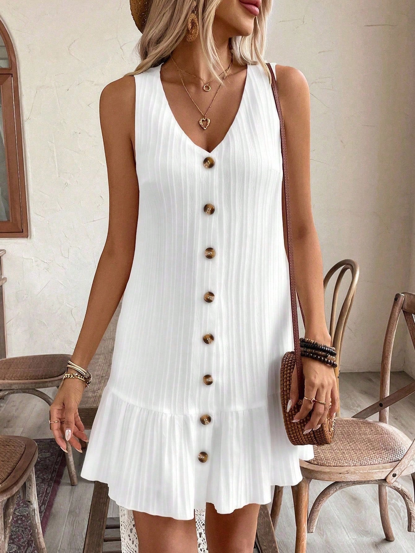 EMERY ROSE Women's Summer Sleeveless Ruffle Decor Casual Dress With Front Button