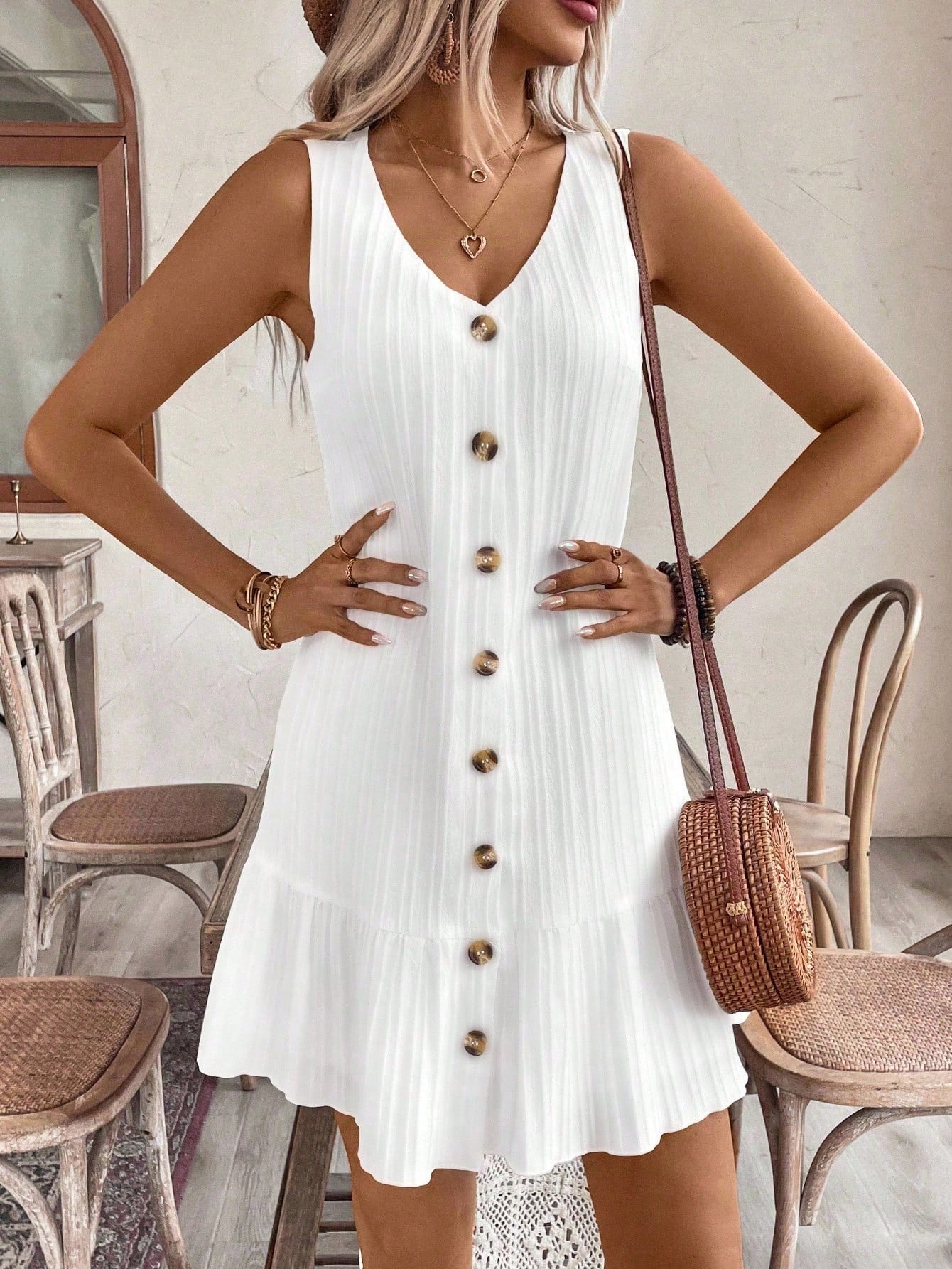 EMERY ROSE Women's Summer Sleeveless Ruffle Decor Casual Dress With Front Button