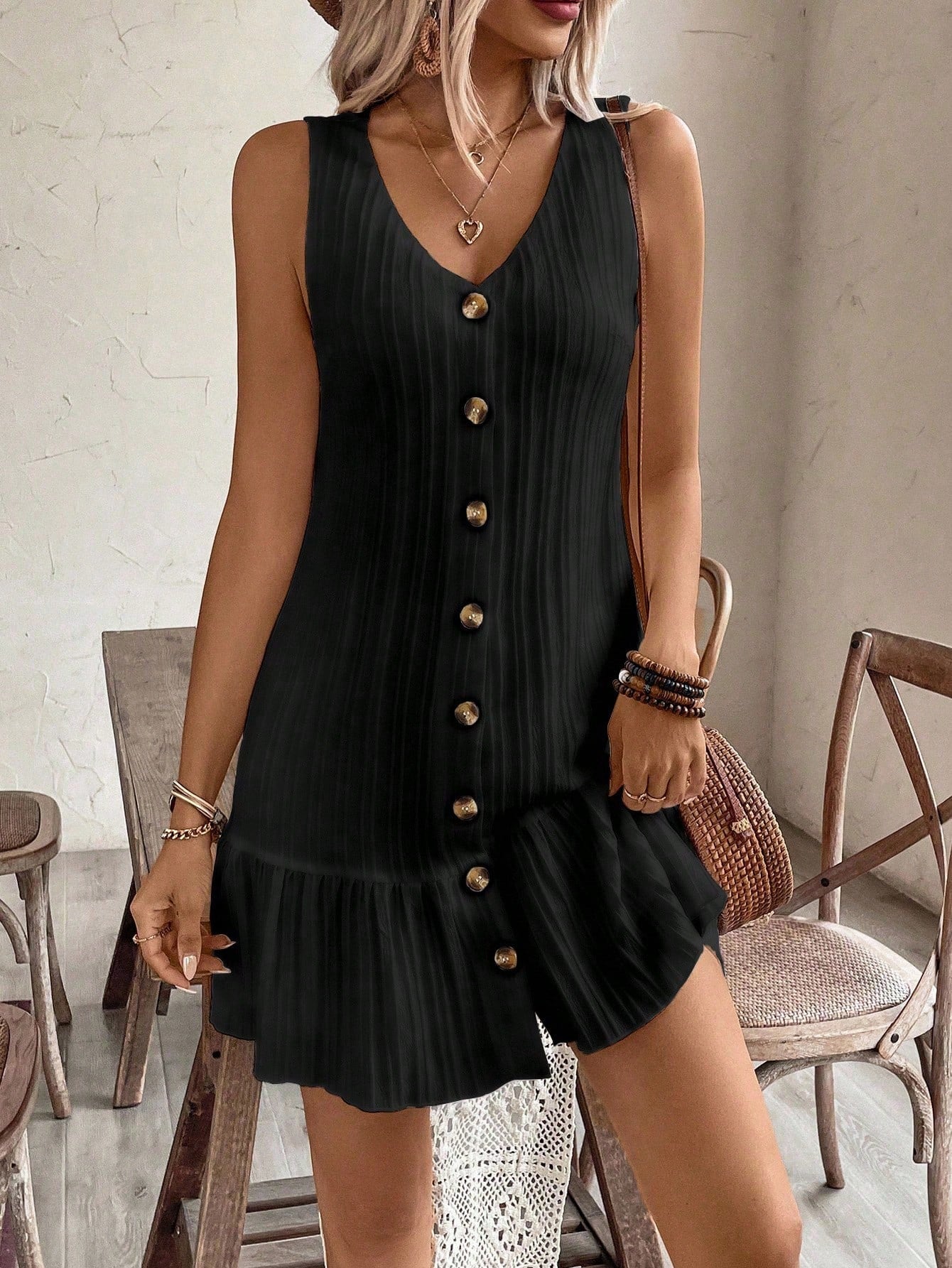 EMERY ROSE Women's Summer Sleeveless Ruffle Decor Casual Dress With Front Button