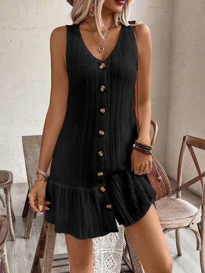 EMERY ROSE Women's Summer Sleeveless Ruffle Decor Casual Dress With Front Button