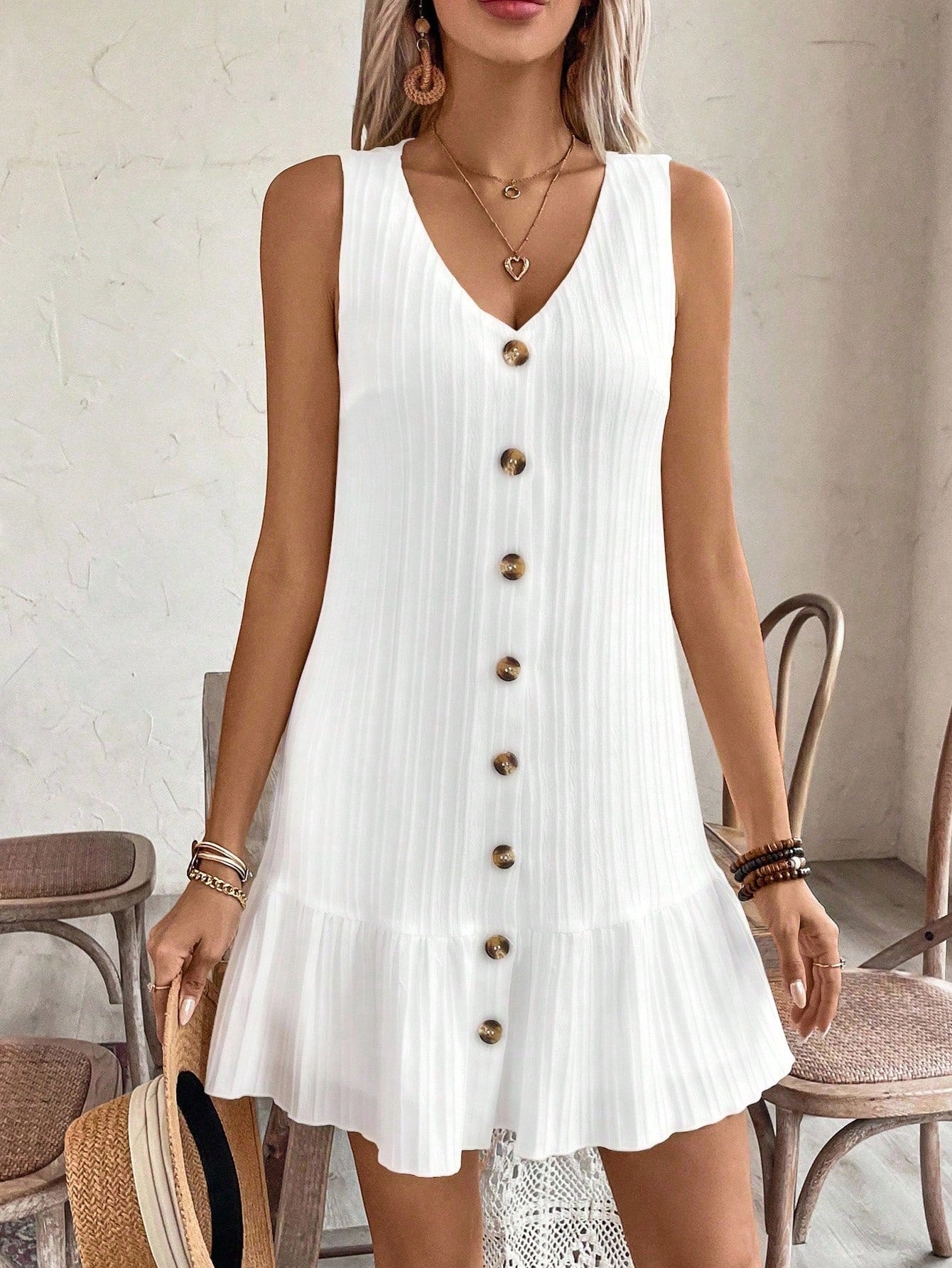 EMERY ROSE Women's Summer Sleeveless Ruffle Decor Casual Dress With Front Button