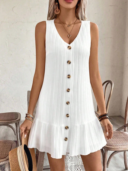 EMERY ROSE Women's Summer Sleeveless Ruffle Decor Casual Dress With Front Button