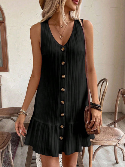 EMERY ROSE Women's Summer Sleeveless Ruffle Decor Casual Dress With Front Button