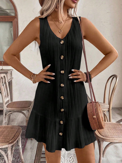EMERY ROSE Women's Summer Sleeveless Ruffle Decor Casual Dress With Front Button