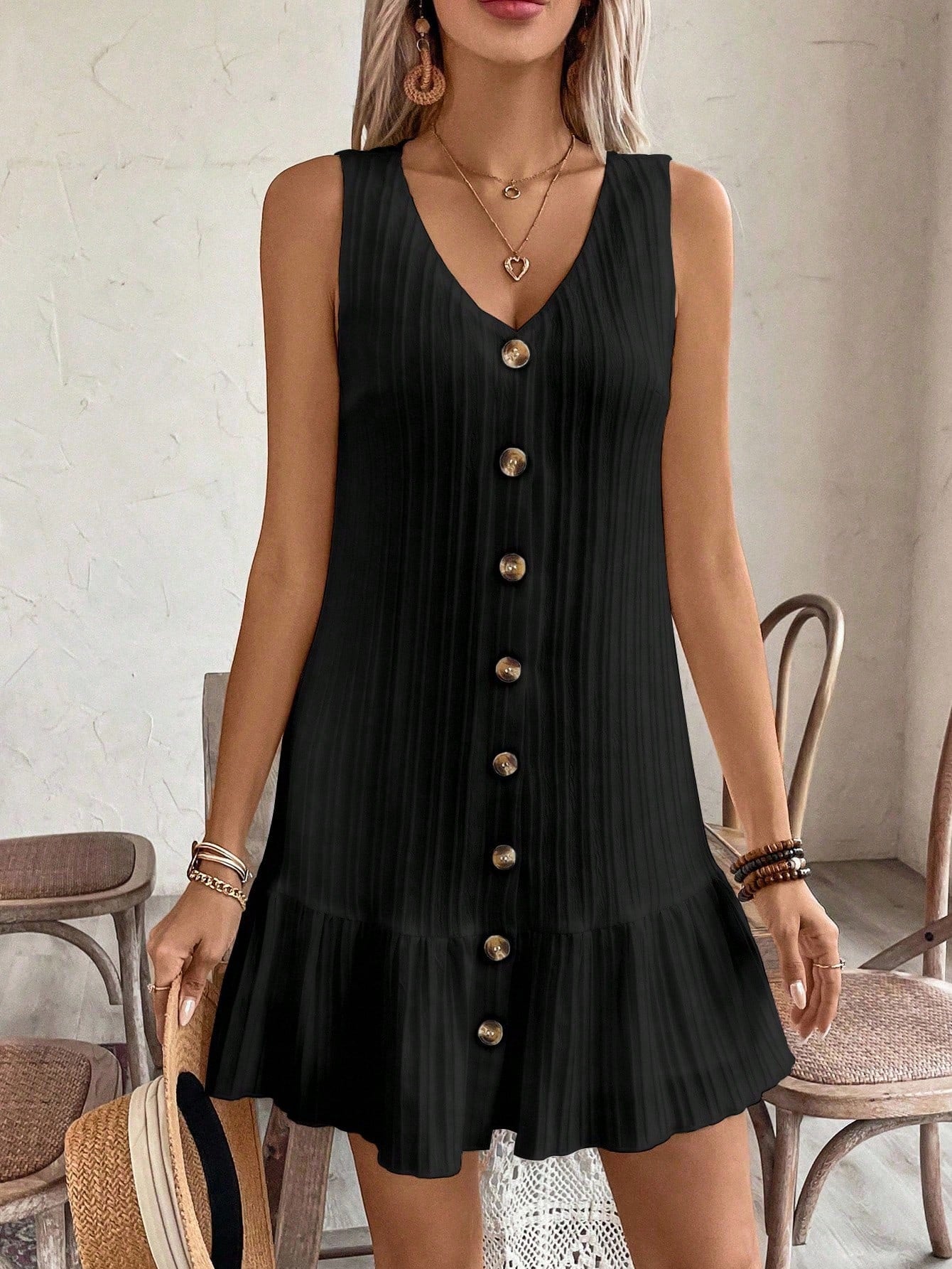 EMERY ROSE Women's Summer Sleeveless Ruffle Decor Casual Dress With Front Button