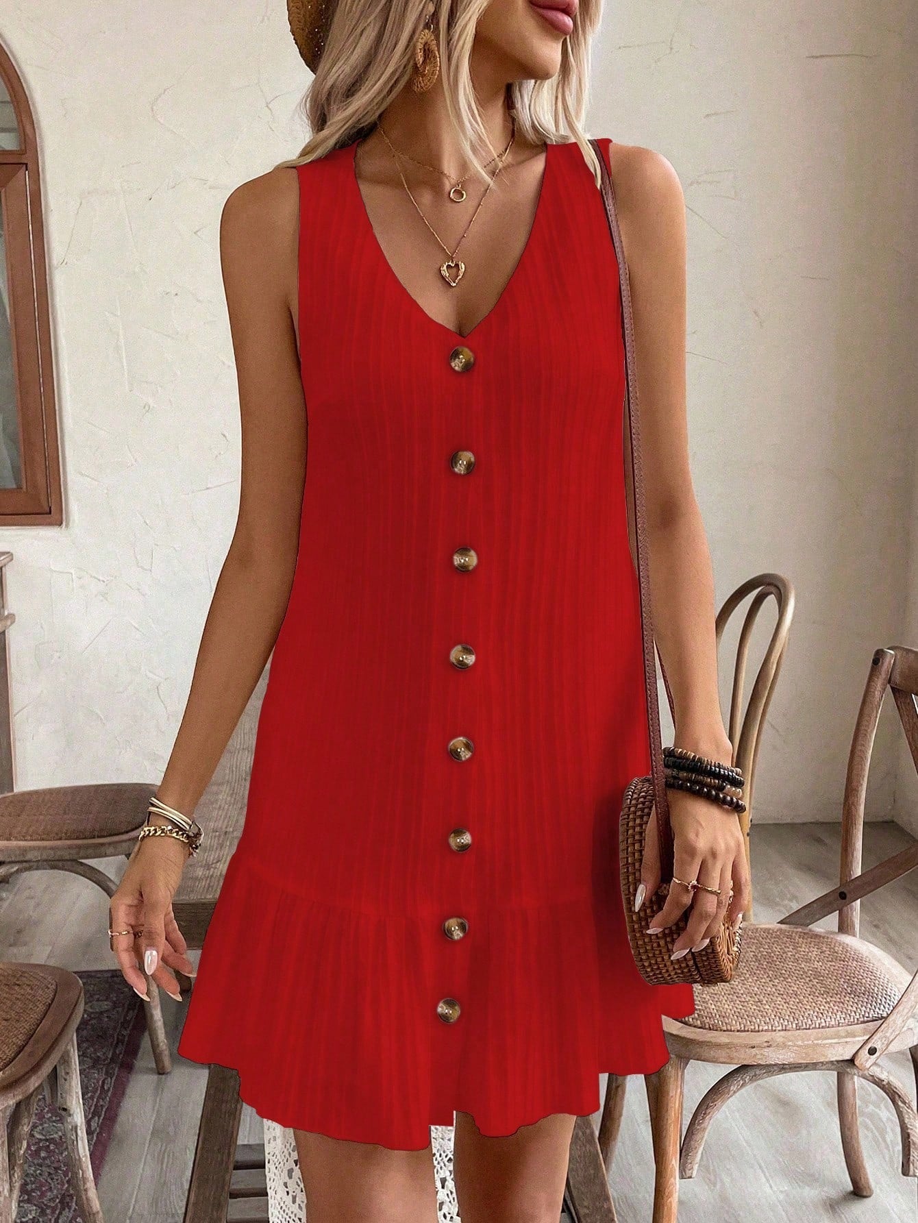 EMERY ROSE Women's Summer Sleeveless Ruffle Decor Casual Dress With Front Button