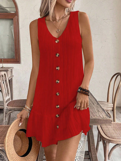 EMERY ROSE Women's Summer Sleeveless Ruffle Decor Casual Dress With Front Button