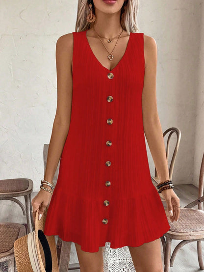 EMERY ROSE Women's Summer Sleeveless Ruffle Decor Casual Dress With Front Button