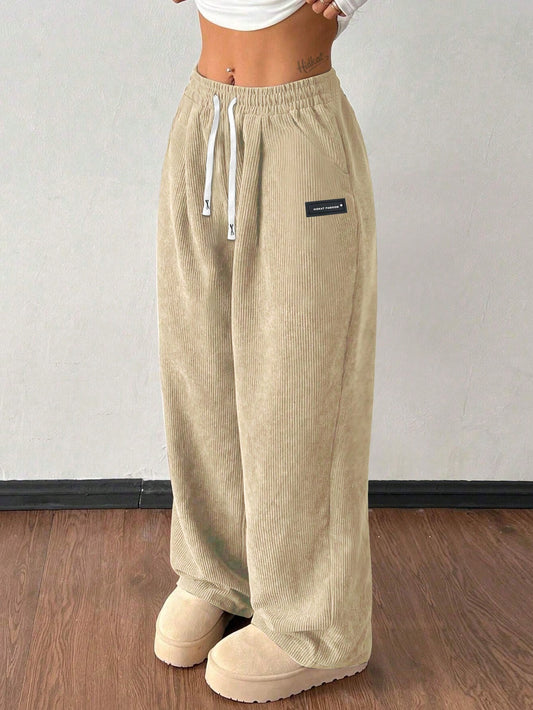 Women's Corduroy Casual Pants, Loose Straight Leg, Drawstring Waist, Vintage Pockets, Breathable & Comfortable, Suitable For Daily Activities, Autumn/Winter