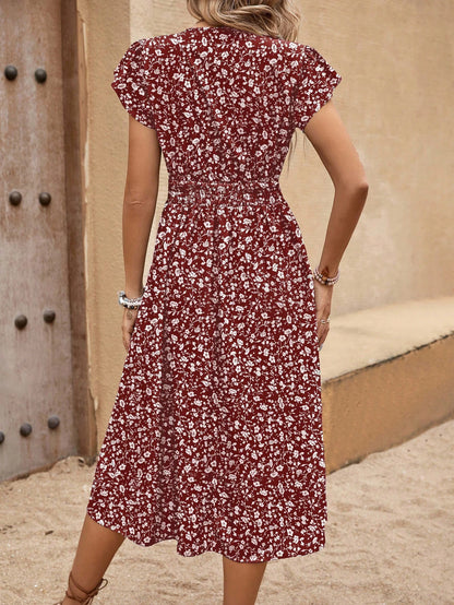 EMERY ROSE Women's Bohemian Style Floral Print V-Neck Waist Tie Short Sleeve Long Dress For Summer Vacation Burgundy Maxi Women Outfit